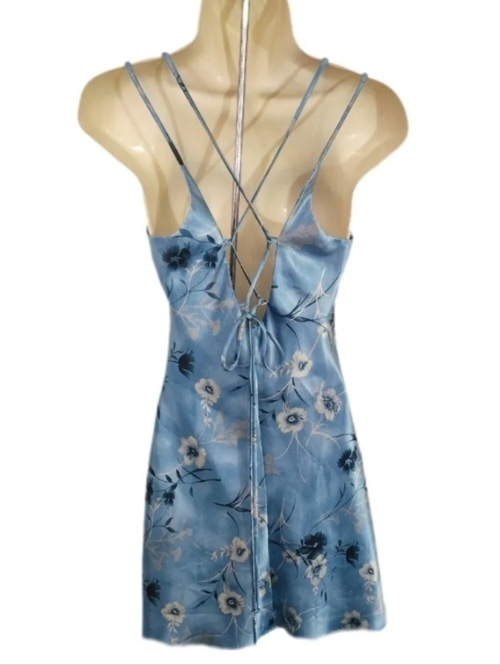 Slip Dress Corset Back Floral Satin with Lace-Up Back Blue Size S - Picture 6 of 7